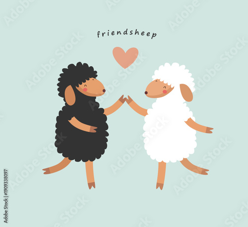 Friendsheep. Vector Card  With Two Sheep Couple On Blue Background. Cute cartoon sheep couple holding hooves under a little heart. Ideal for greeting cards, nursery art, and romantic stationery.