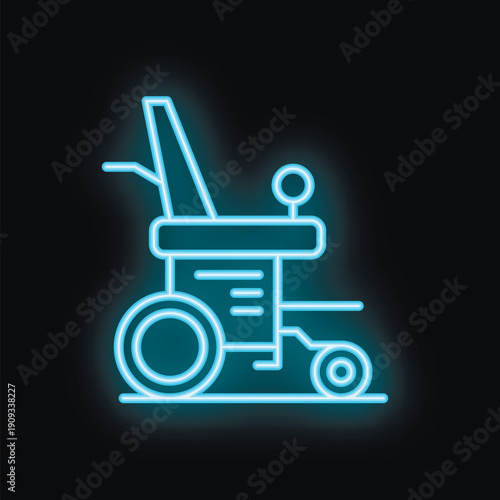 Blue neon sign of an empty wheelchair glowing on black background