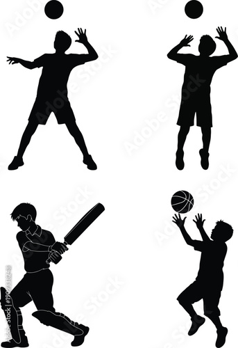 Silhouette illustrations of people playing sports like cricket and volleyball