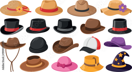 Large Vector Set of Fashionable Headwear Including Fedoras Cowboy Hats Sun Hats Baseball Caps and a Wizard Hat on White Background.