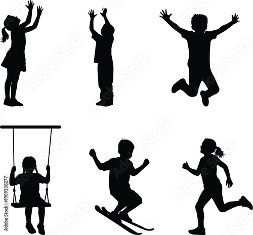 Silhouettes of children playing and exercising outdoors in various joyful activities