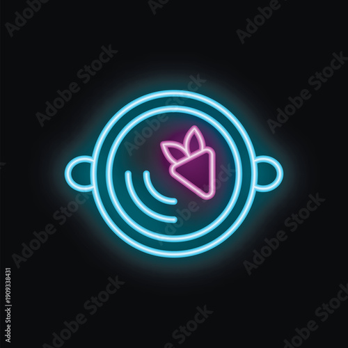 Neon glowing icon of smart farming technology monitoring plant growth with sensor and digital interface