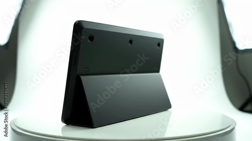 Black tablet with kickstand on white rotating platform, studio lighting