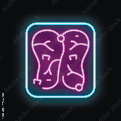 Bright purple neon sign depicting human brain with neural connections, glowing on black background