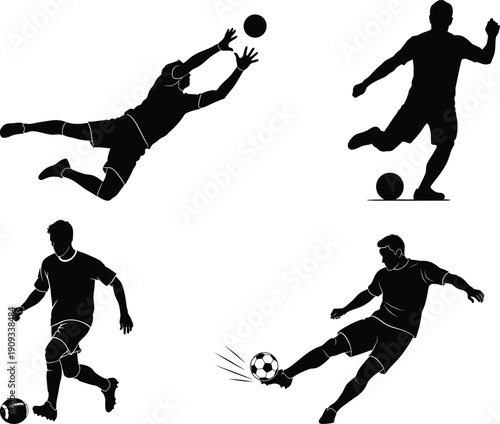 Silhouette of soccer players in various actions on white background