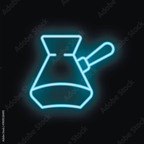 Blue neon sign of traditional turkish coffee pot cezve glowing on black background