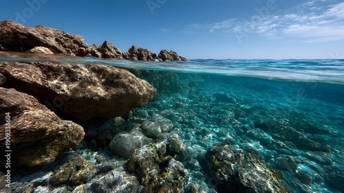 Split view of a rocky coastline revealing the crystal clear turquoise underwater world beneath a bright blue sky with scattered clouds