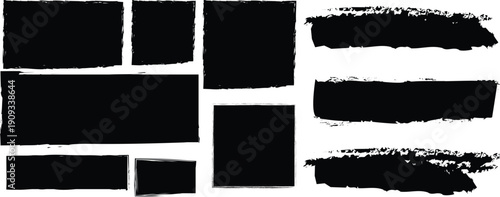 A collection of black rectangles and brushstrokes on a white background
