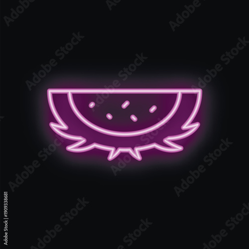 Vibrant violet neon sign illustrating half of exotic dragon fruit, isolated on a black background
