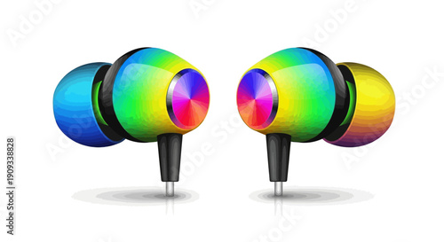 Vibrant Earbuds with Rainbow Reflections and Iridescent Sheen Displayed on White Background from Front View