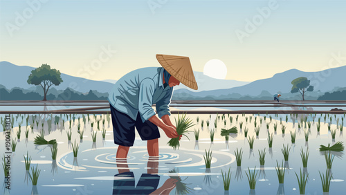 Vector illustration of a farmer cultivating rice in a serene landscape at dusk 34.eps