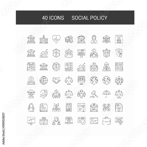 40 Social Policy and Government Minimalist Line Icon Set, Thin Outline Vector Symbols for Law, Finance, and Public Service