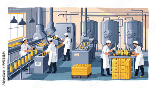 Vector illustration of workers in a manufacturing facility handling crates of products