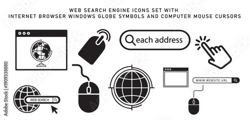Web search engine icons set with internet browser windows globe symbols and computer mouse cursors