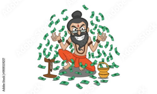 Greedy Hindu Baba Sadhu Character Cartoon with Raining Money