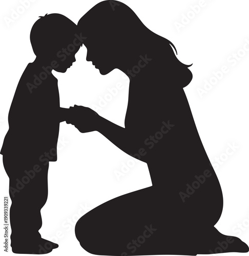 Mother and Son Forehead Touch Silhouette Vector Illustration Representing Love and Emotional Bond
