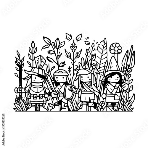 Cartoon Knights Standing in Forest with Swords and Shields