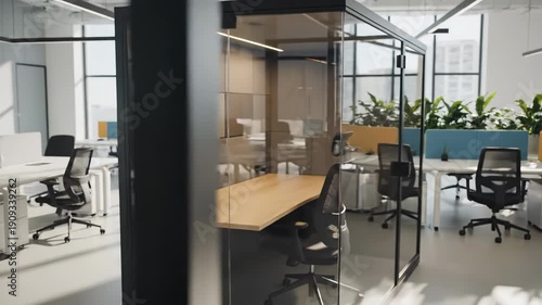 Modern office with glass meeting room, desks, chairs, and plants
