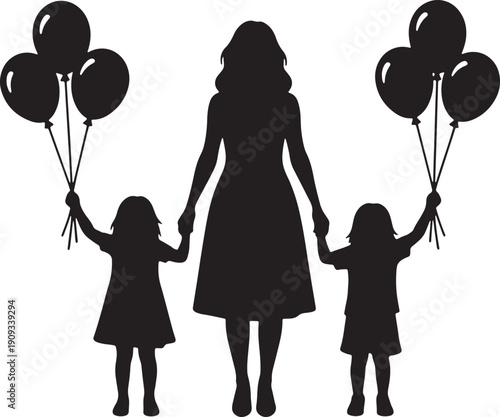 Mother Walking with Daughters Holding Balloons Silhouette Vector Illustration Representing Family Love and Celebration