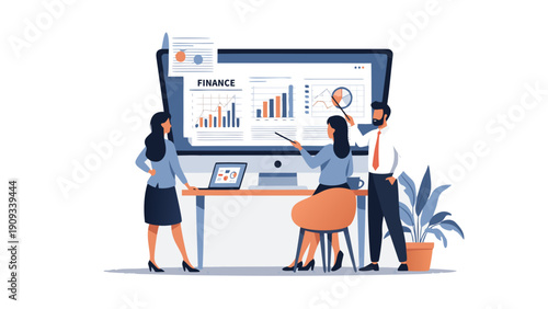 Vector illustration of business professionals analyzing finance data on computer screen with charts and graphs in a modern office environment from a straightforward viewpoint