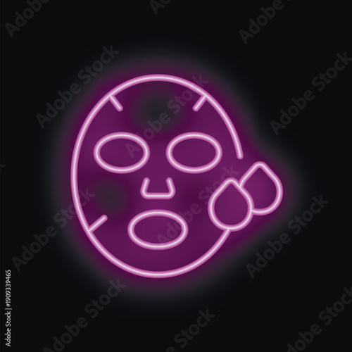 Neon icon of a facial cosmetic mask with serum drops for beauty treatment