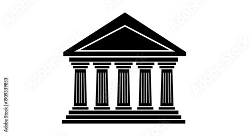 Black and white illustration of a classic greek temple with columns and triangular pediment on a white background