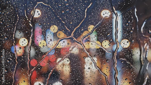 Water droplets on glass distort blurred city lights in abstract pattern