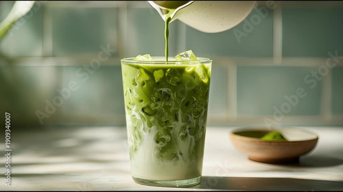 Iced matcha drink being poured into glass