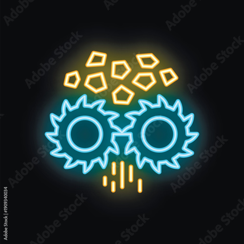 Neon icon of two cogwheels grinding something into small pieces