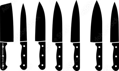 Set of seven kitchen knives in black silhouette