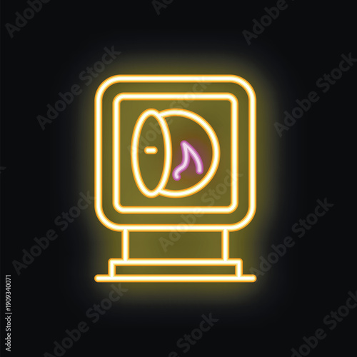 Glowing neon icon of a bank vault door opening on a black background