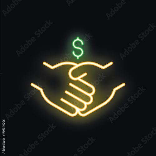 Neon sign of two businessmen shaking hands with a bright green dollar sign above them