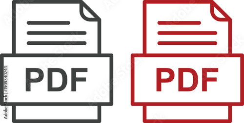 PDF file format icon set collection with document, download arrow, printer, file page and label symbols isolated on white background vector illustration for digital document.