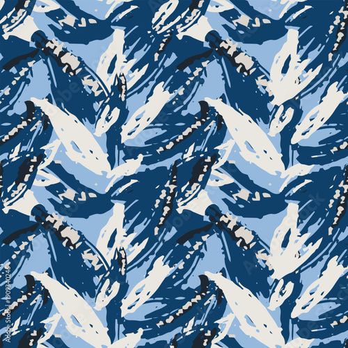 Seamless vector abstract pattern with dynamic brush strokes in blue, navy, and white shades. Modern artistic texture inspired by expressive paint for fabric, decor, and design