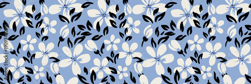 Seamless vector floral pattern with abstract white flowers and black leaves on a soft blue background. Modern artistic design for fabric, fashion, and home decor