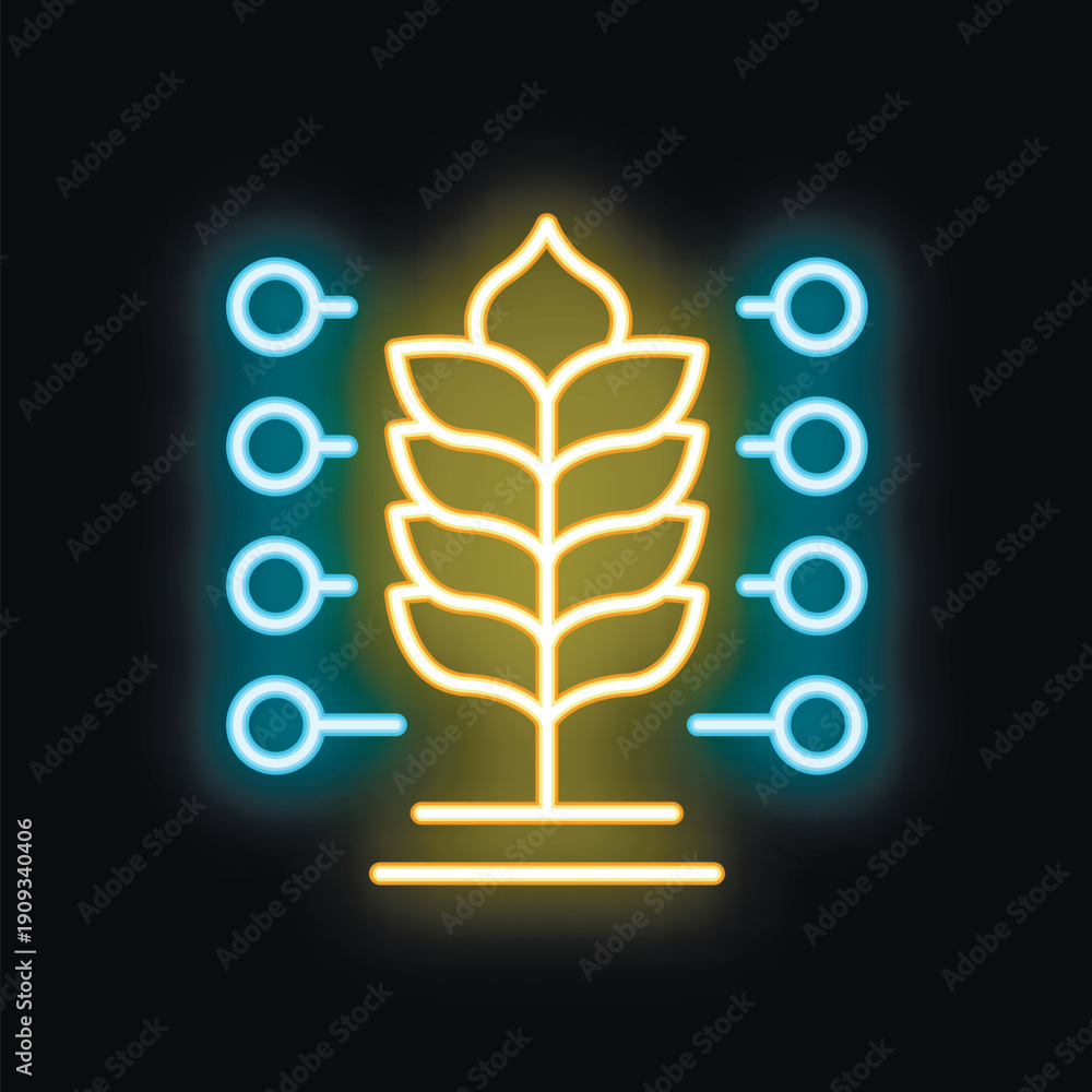 Obraz premium Glowing neon icon of wheat and digital dots representing modern technologies in agriculture and farming