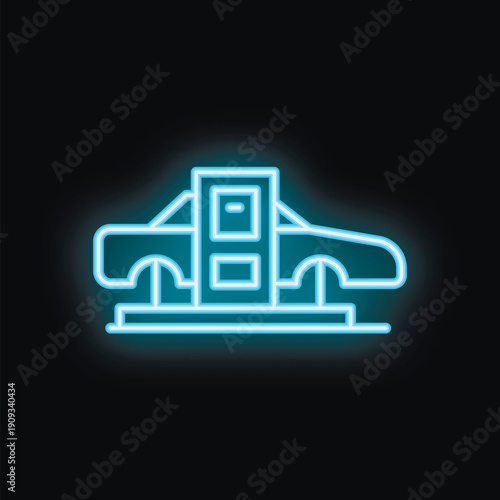 Blue glowing neon line car filling at fuel station icon isolated on black background