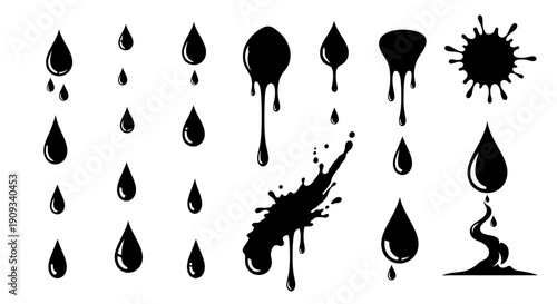 Black Ink Drops and Splatters Collection: Liquid Drips, Stains, and Blots