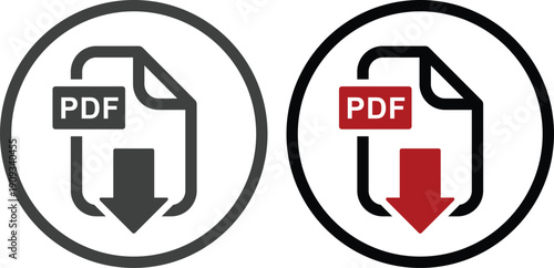 PDF file format icon set collection with document, download arrow, printer, file page and label symbols isolated on white background vector illustration for digital document.