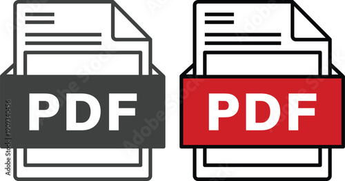 PDF file format icon set collection with document, download arrow, printer, file page and label symbols isolated on white background vector illustration for digital document.