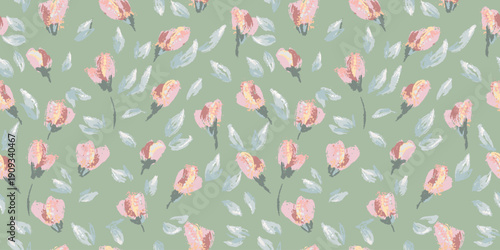 Seamless vector pattern featuring expressive hand painted pink flower buds with soft textured leaves on a muted green background. Artistic brush strokes create an elegant, modern botanical design