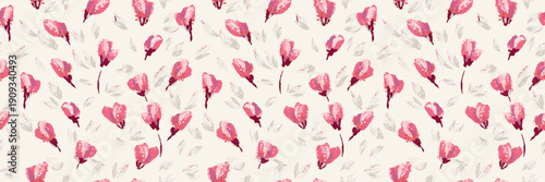 Seamless vector pattern with expressive hand painted pink buds and soft abstract leaves on a warm light background. Artistic brush strokes create a modern, romantic floral design