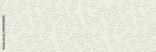 Seamless vector pattern with soft grey green floral branches and tiny blue blossoms on a light cream background, creating an elegant, airy and natural botanical design for modern decor