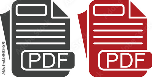PDF file format icon set collection with document, download arrow, printer, file page and label symbols isolated on white background vector illustration for digital document.