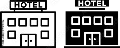 Simple hotel building icons in black and white