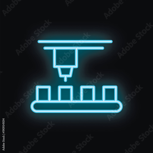 Blue neon icon of an industrial 3d printer creating a series of cubes on a conveyor belt