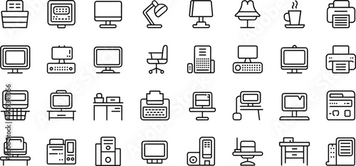 Modern Office Equipment Line Icon Set Featuring Desktop Computers Workspace Furniture Printers Desk Lamps Coffee Mugs and Professional Hardware Design Elements