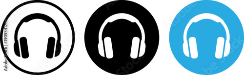 Headphones icons in black and blue circles for audio design