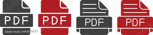 PDF file format icon set collection with document, download arrow, printer, file page and label symbols isolated on white background vector illustration for digital document.