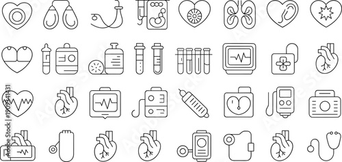 Medical Cardiology Line Icon Set Featuring Human Heart Anatomy Healthcare Diagnostic Tools Vital Sign Monitors and Clinical Laboratory Equipment for Medicine